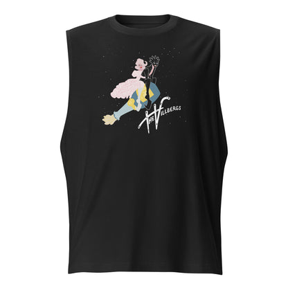 Black tank top, flat view, with Villbergs champagne art.
