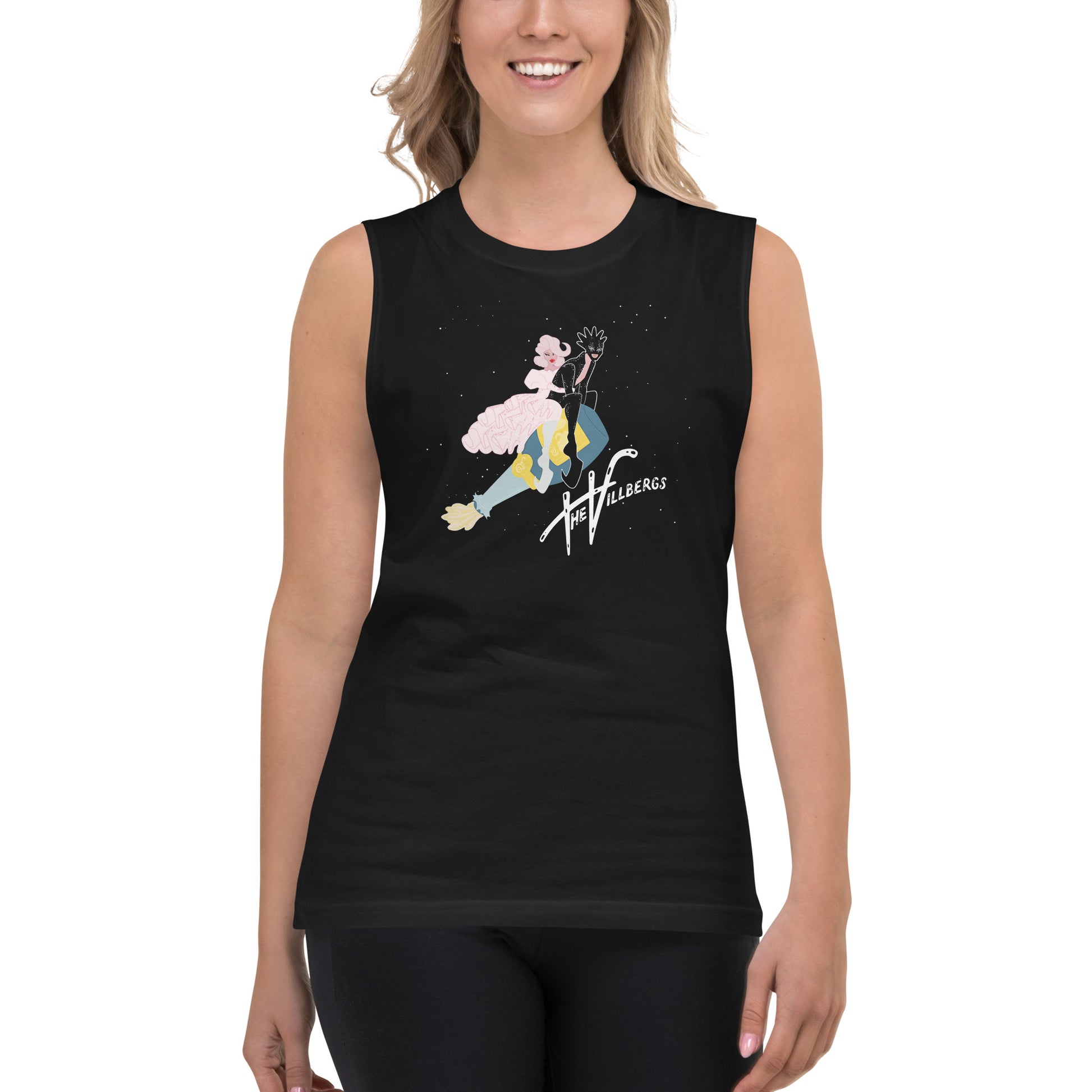 Female model wears black Villbergs champagne muscle shirt.