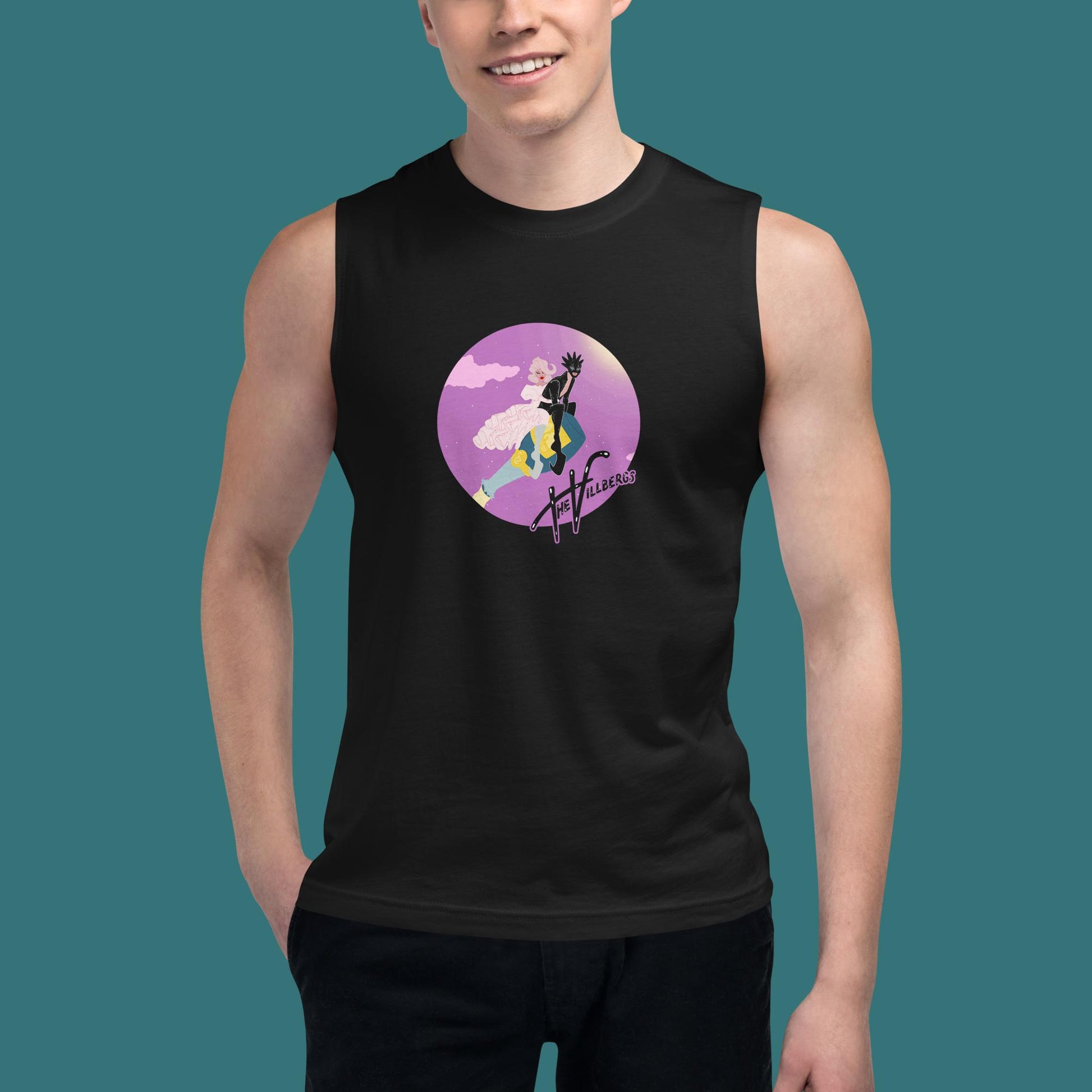 Black tank with the Villbergs on a popped champagne bottle in a purple-pink circle. With The Villbergs logo.