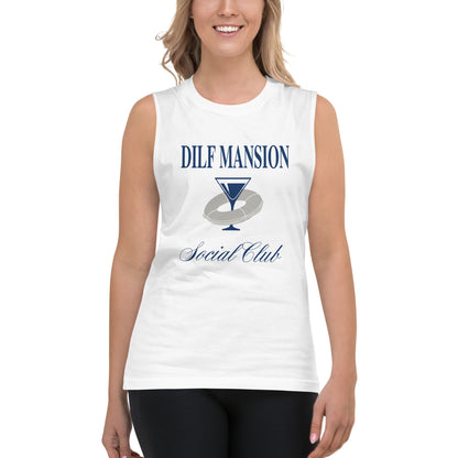 Female model wears white tank Dilf Mansion social club graphic.