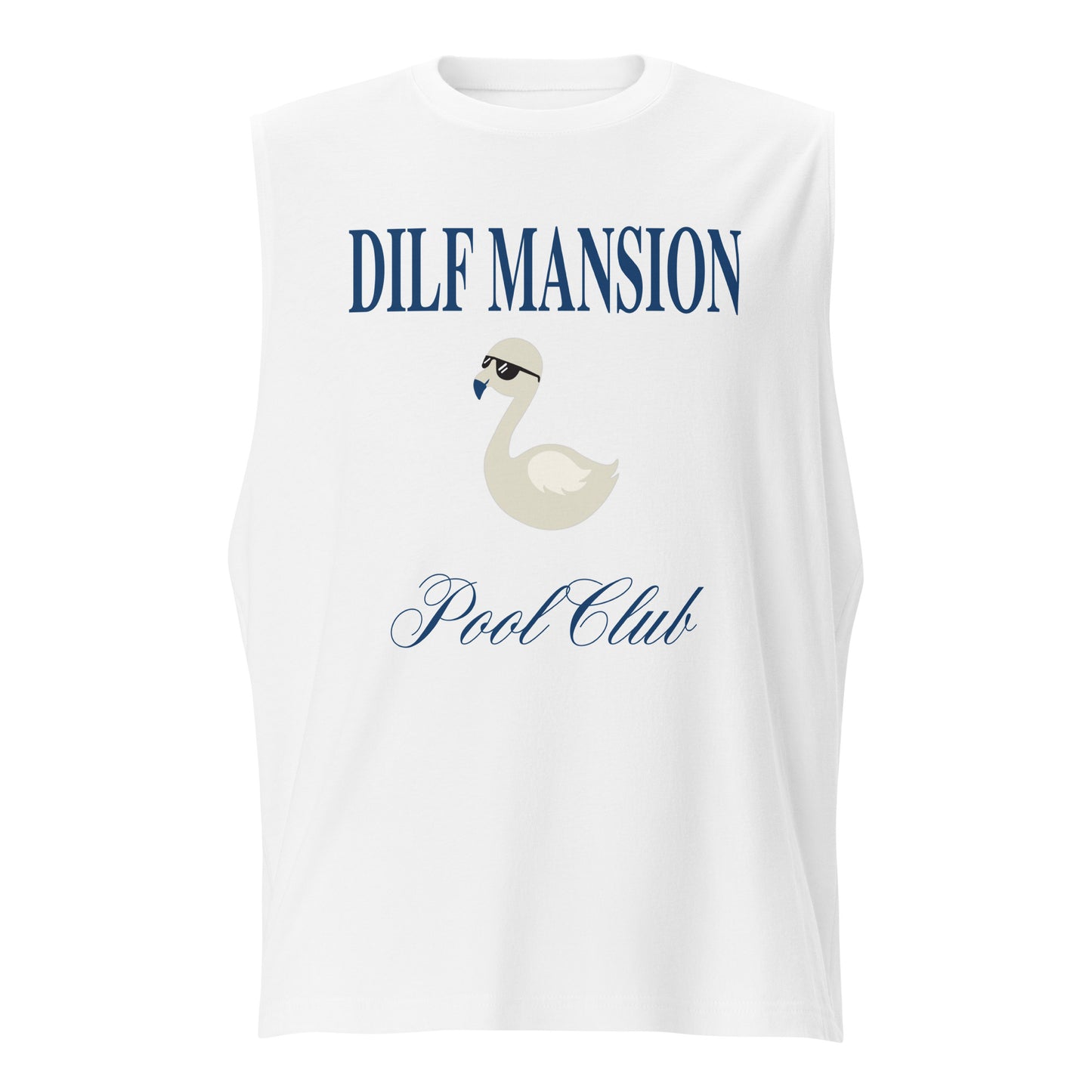 Dilf Mansion above an illustrated swan wearing sunglasses, with Pool Club below it in script, on a white tank, flat view.