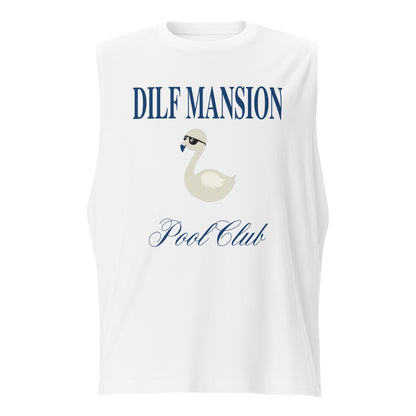 Dilf Mansion above an illustrated swan wearing sunglasses, with Pool Club below it in script, on a white tank, flat view.