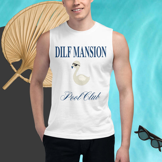 Dilf Mansion above an illustrated swan wearing sunglasses, with Pool Club below it in script, on a white tank on male model.