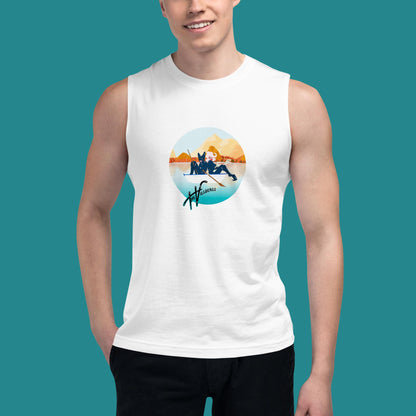 White tank with cartoon inside a circle of the Villbergs in a row boat with The Villbergs wordmark. Gold and aqua tones.