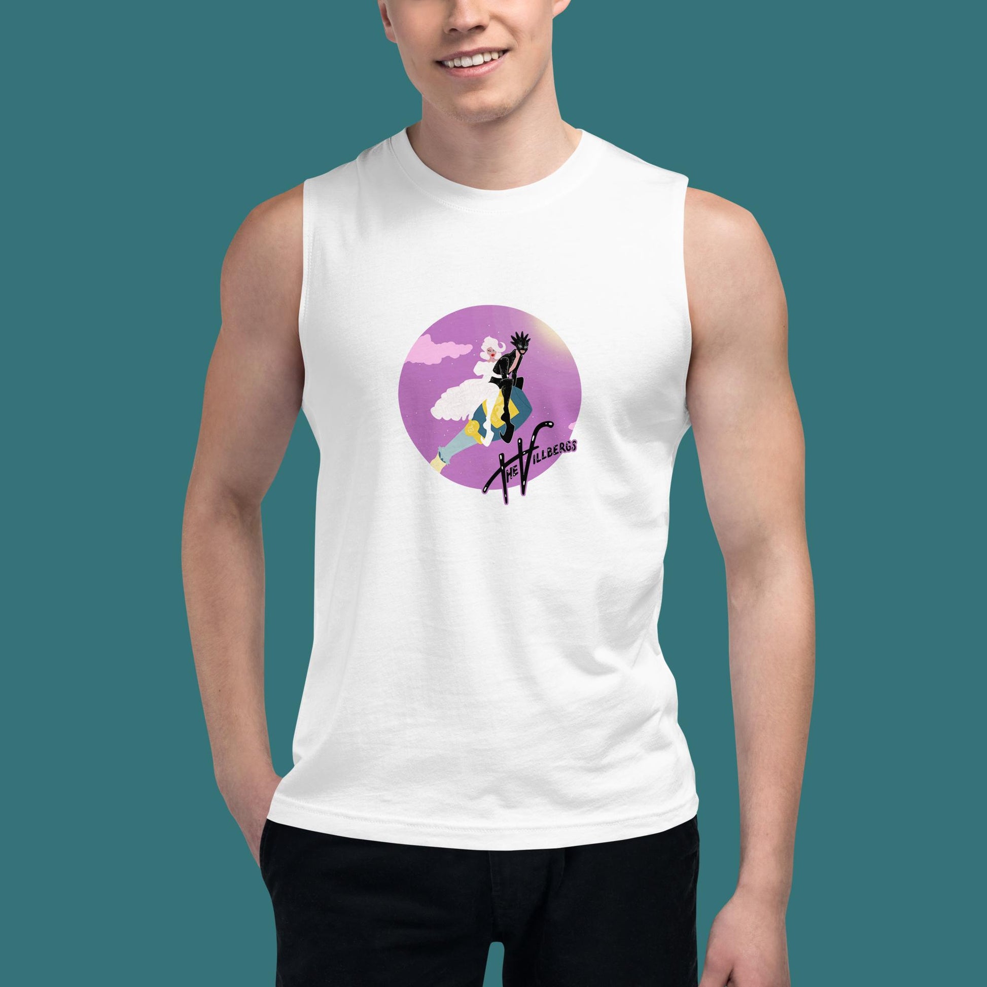 White tank shows the Villbergs riding a popped champagne bottle within a purple-pink circle. With The Villbergs logo.