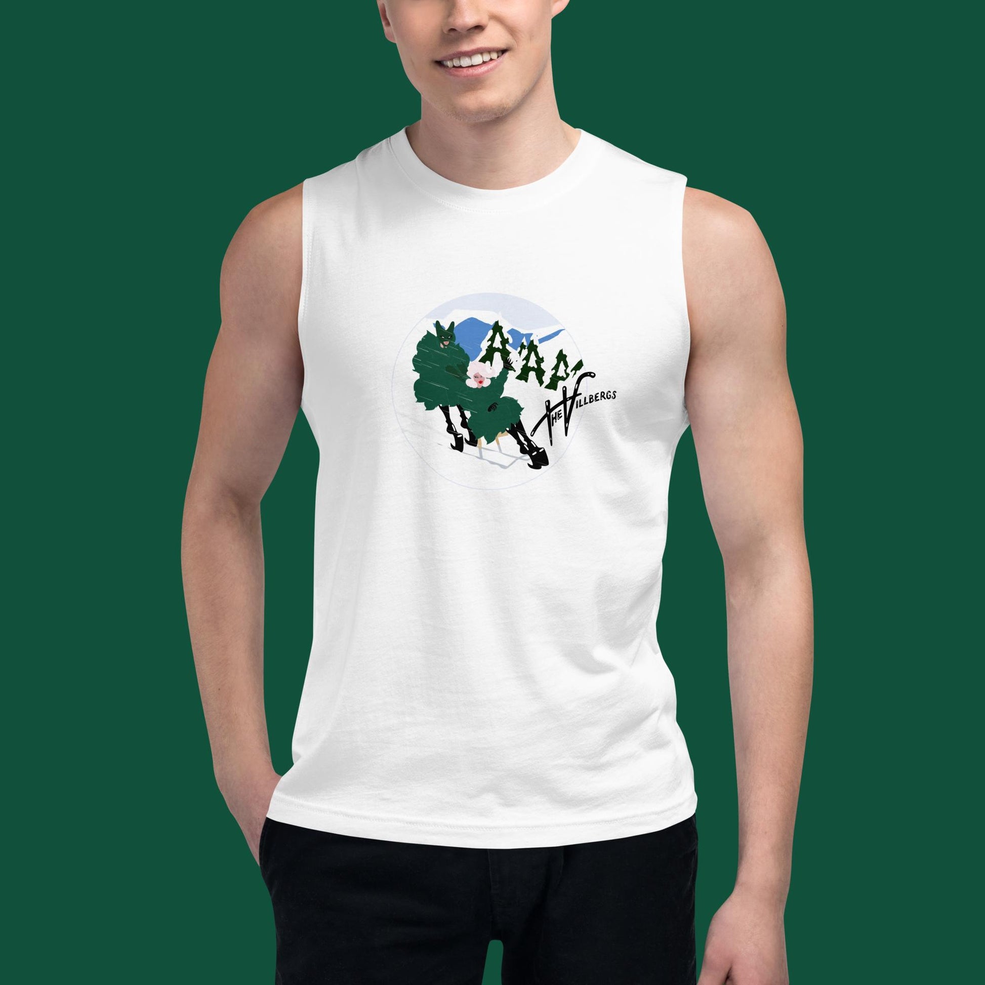 White tank with the Villbergs' white, blue, green and black colored winter chair-ski scene.