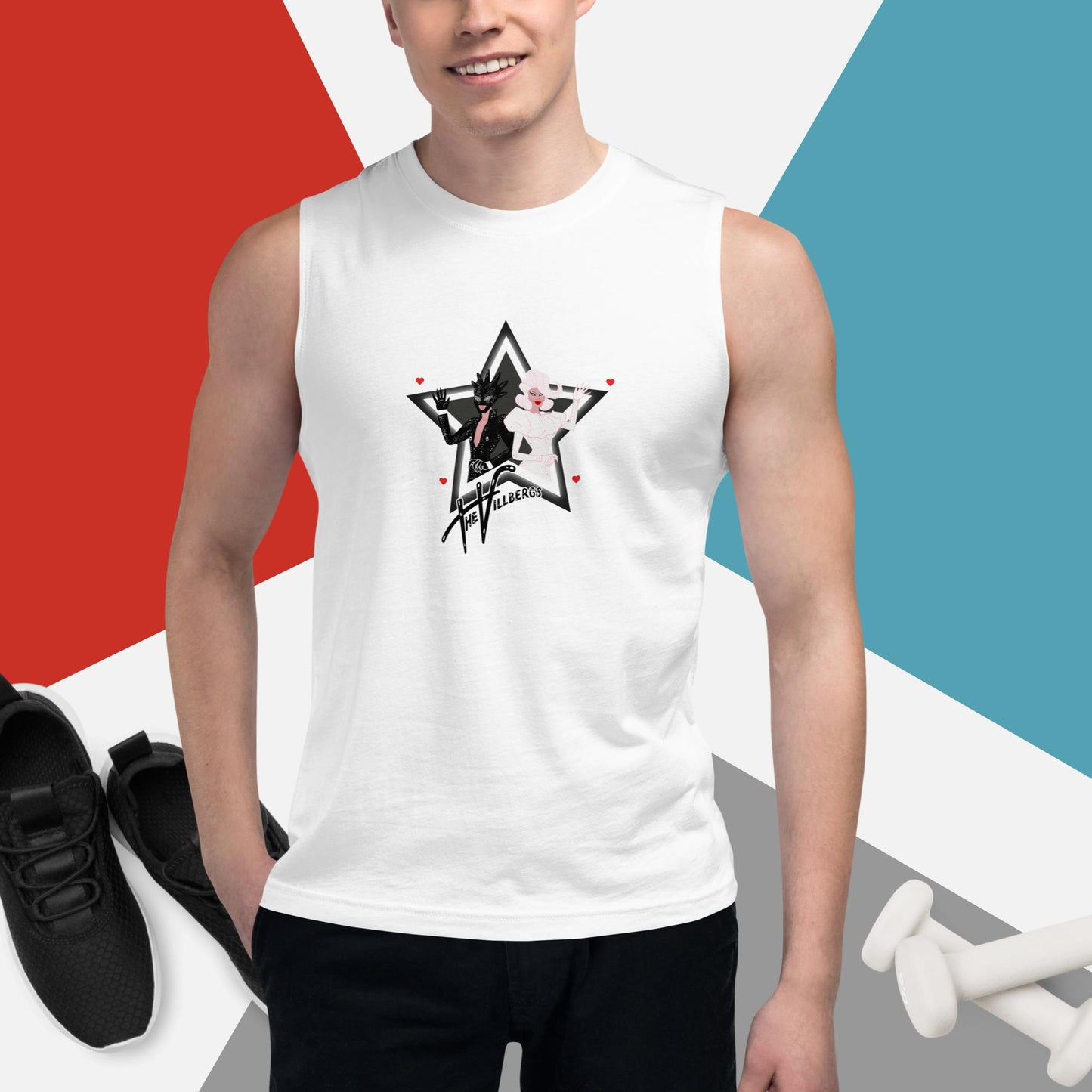 White tank shows black and white star with inset cartoon of the Villbergs with 4 small red hearts and The Villbergs logo.