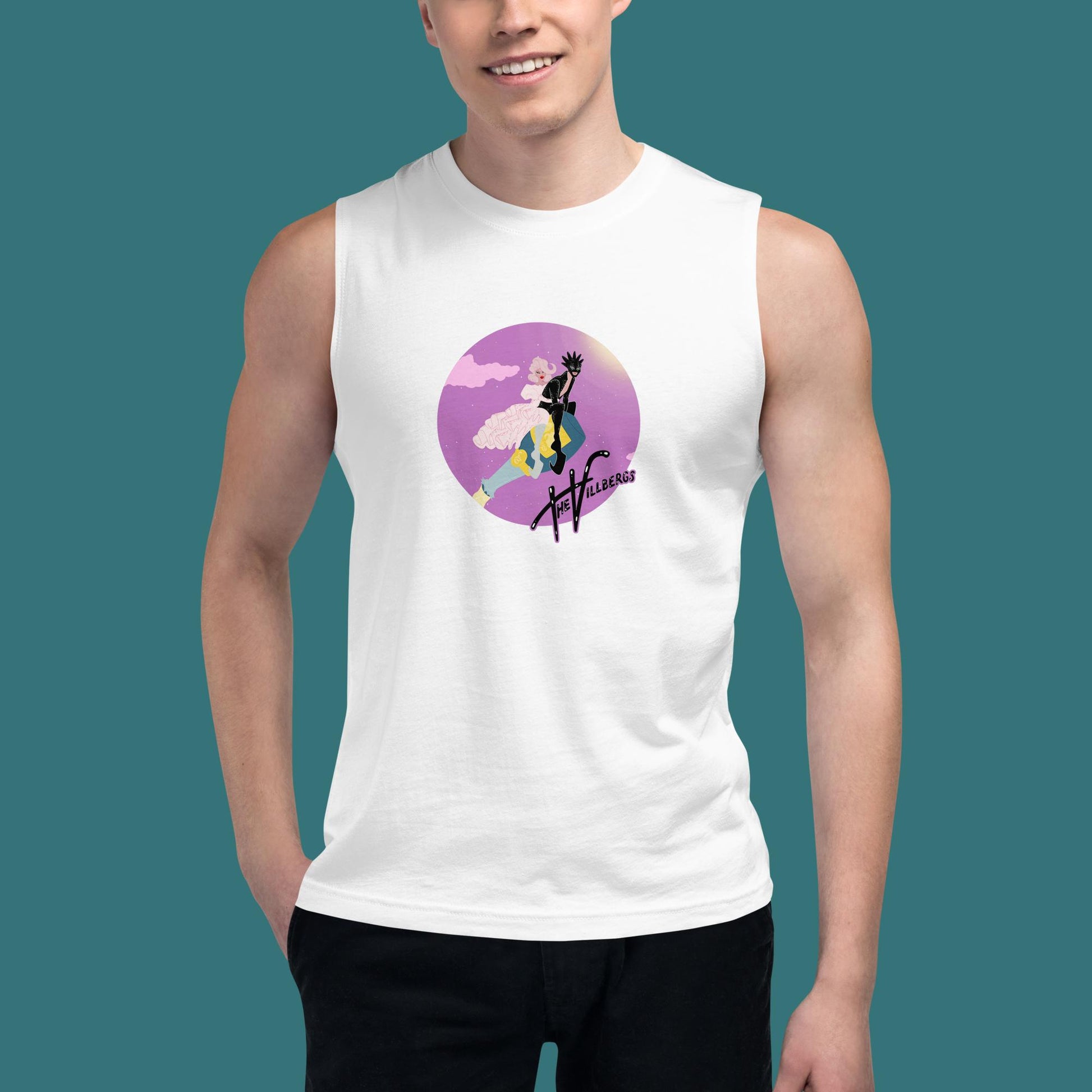 White tank shows the Villbergs riding a popped champagne bottle within a purple-pink circle. With The Villbergs logo.