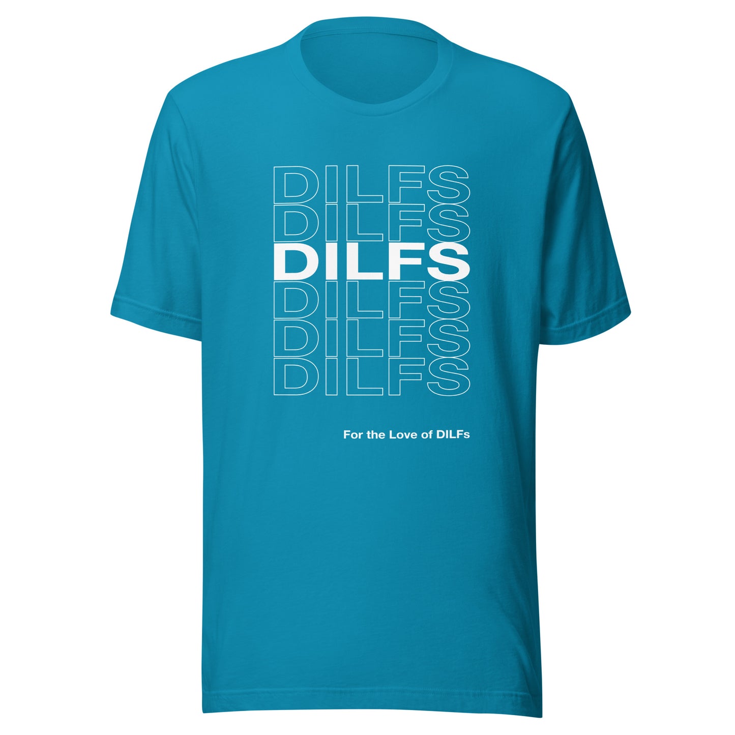 Aqua blue t-shirt with Dilfs repeat graphic in white.