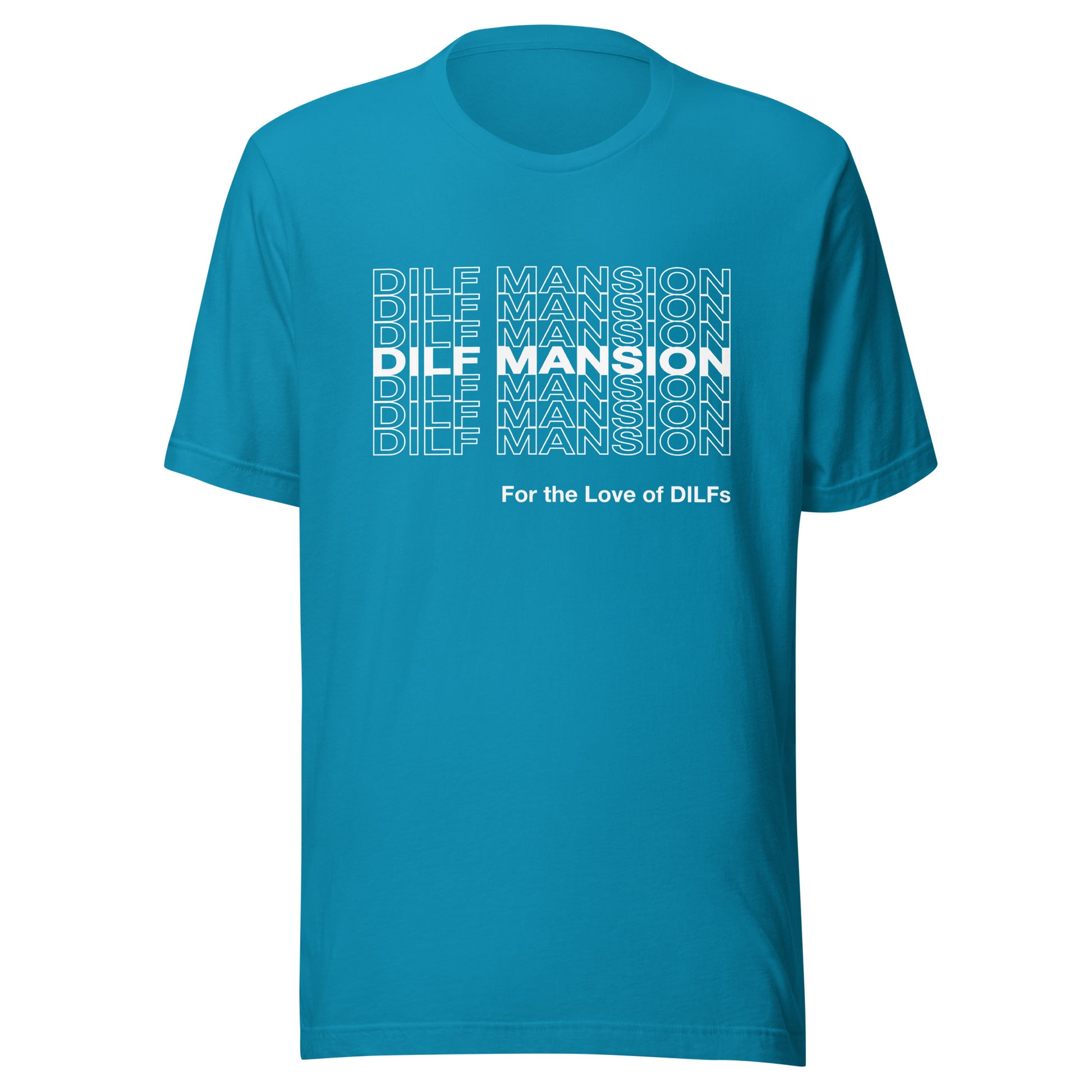 Aqua blue t-shirt with Dilf Mansion repeat graphic in white.