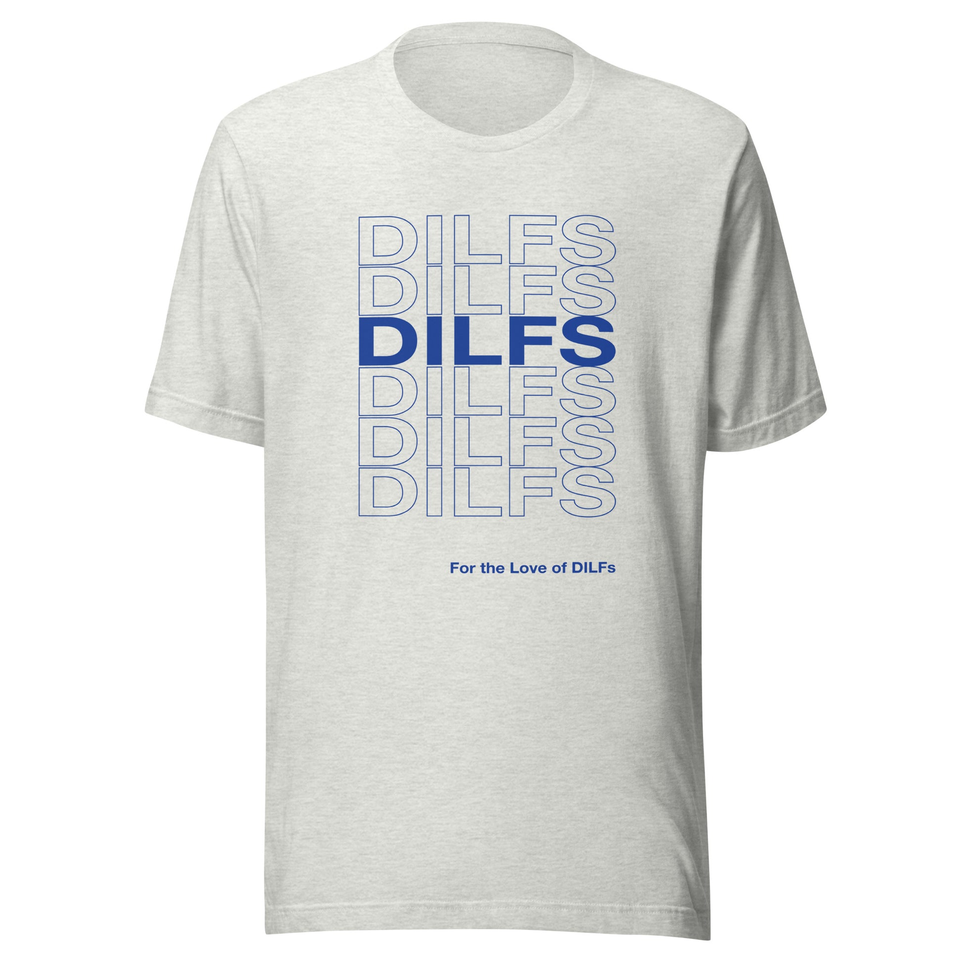 Ash colored t-shirt with Dilfs repeat graphic in blue.