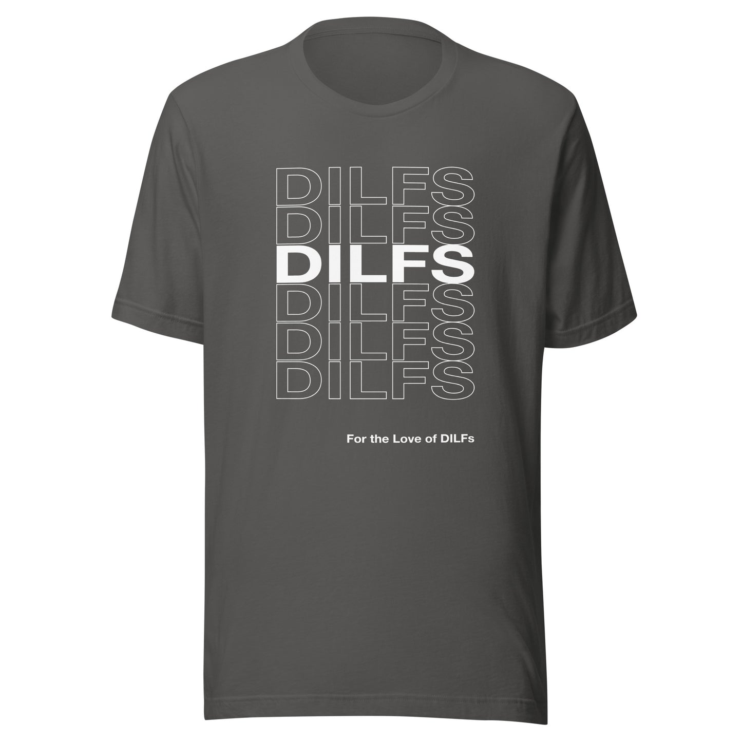 Asphalt colored t-shirt with Dilfs repeat graphic in white.