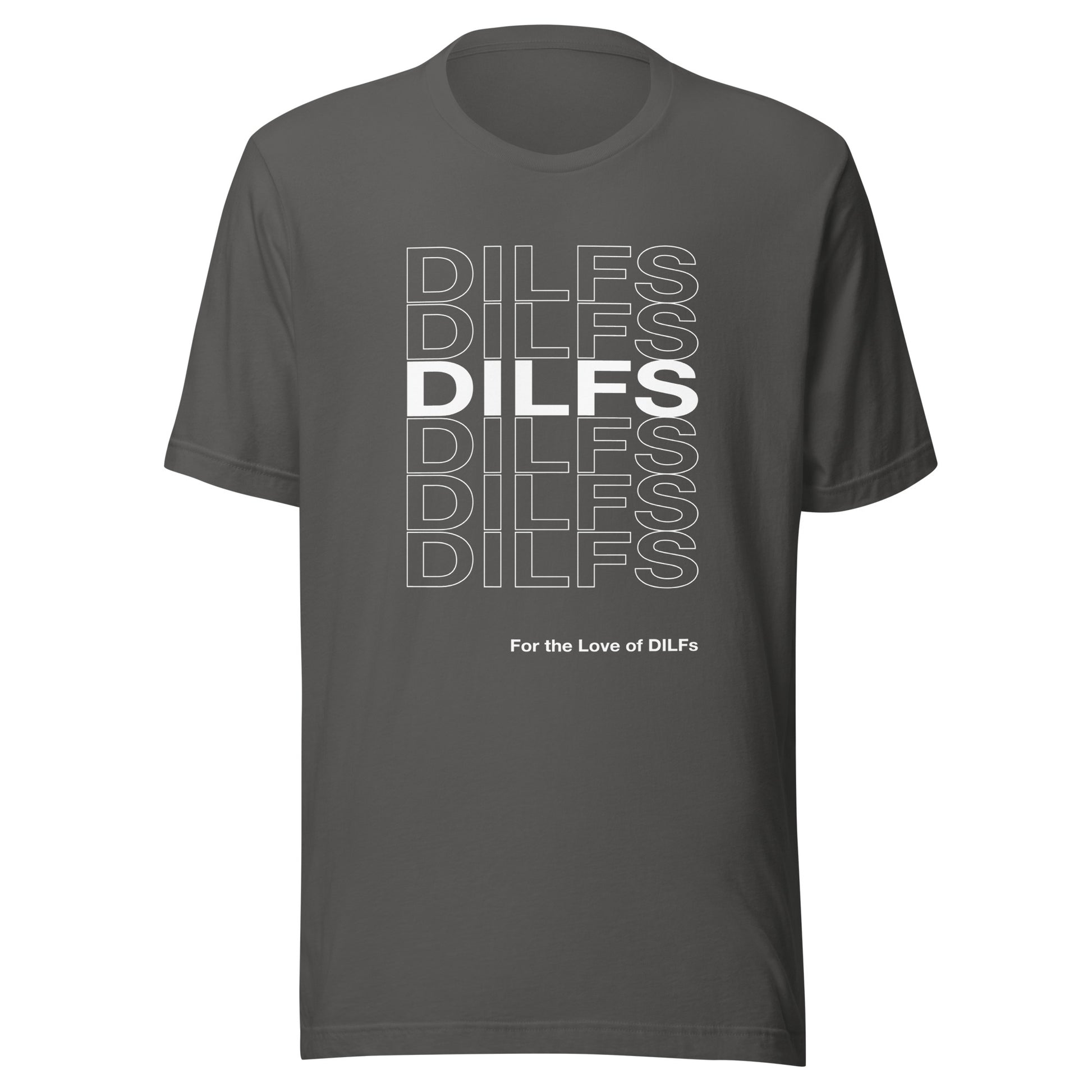 Asphalt colored t-shirt with Dilfs repeat graphic in white.