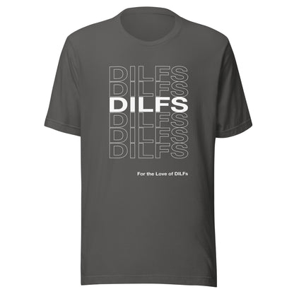 Asphalt colored t-shirt with Dilfs repeat graphic in white.