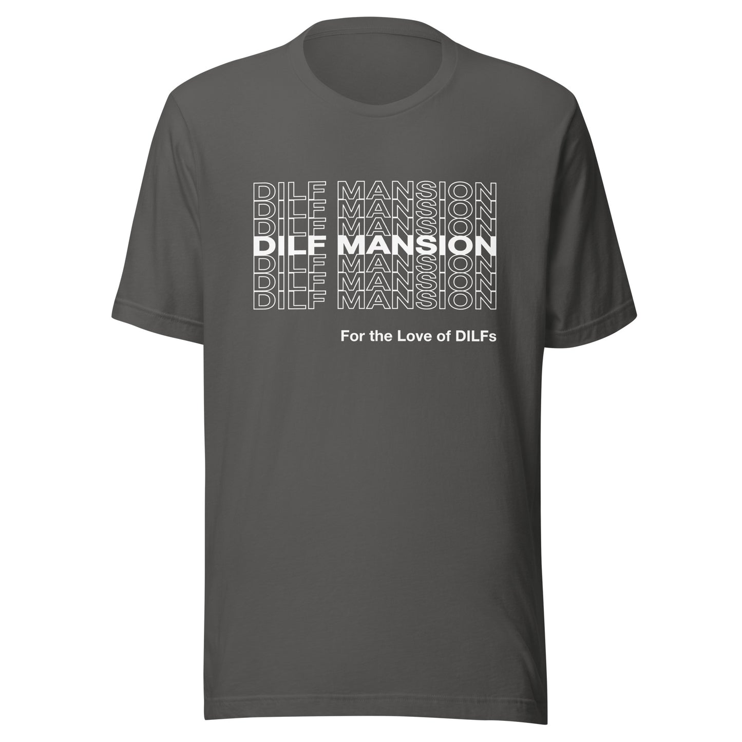 Asphalt colored t-shirt with Dilf Mansion repeat graphic in white.