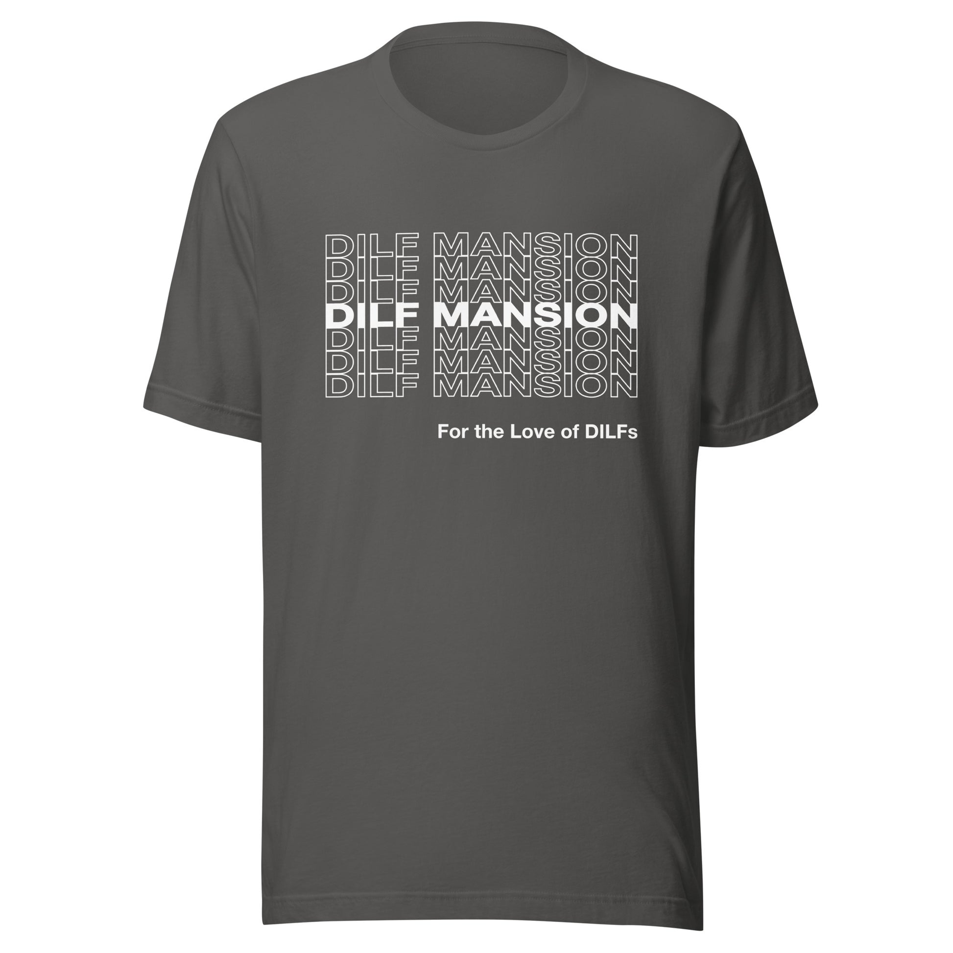 Asphalt colored t-shirt with Dilf Mansion repeat graphic in white.