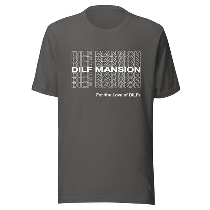 Asphalt colored t-shirt with Dilf Mansion repeat graphic in white.