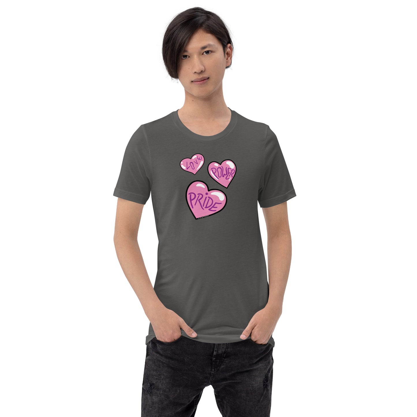 Model in asphalt colored shirt with 3 illustrated pink hearts, each containsing a single word: Love, Power and Pride.