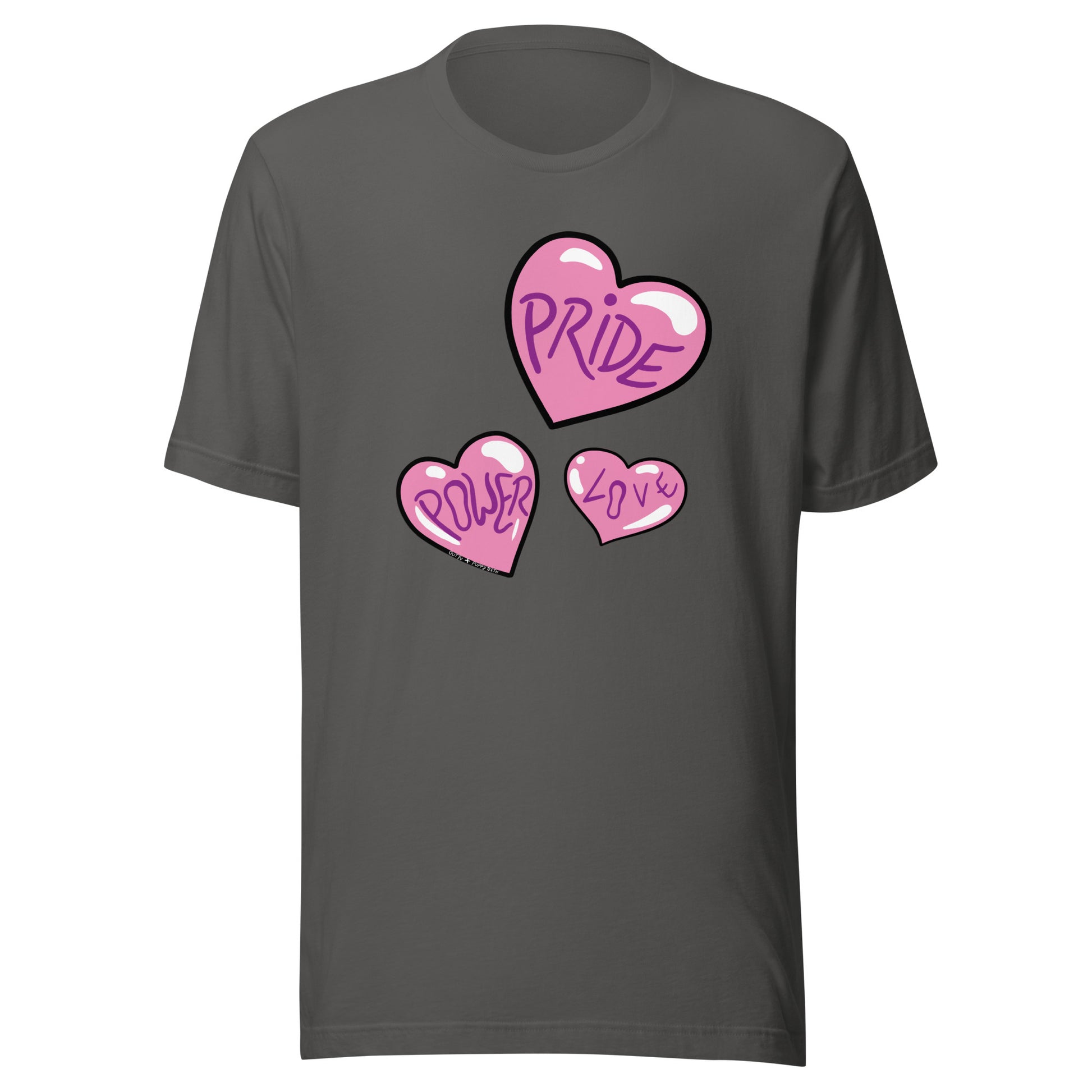 Asphalt colored shirt, Pride, Power and Love hearts.