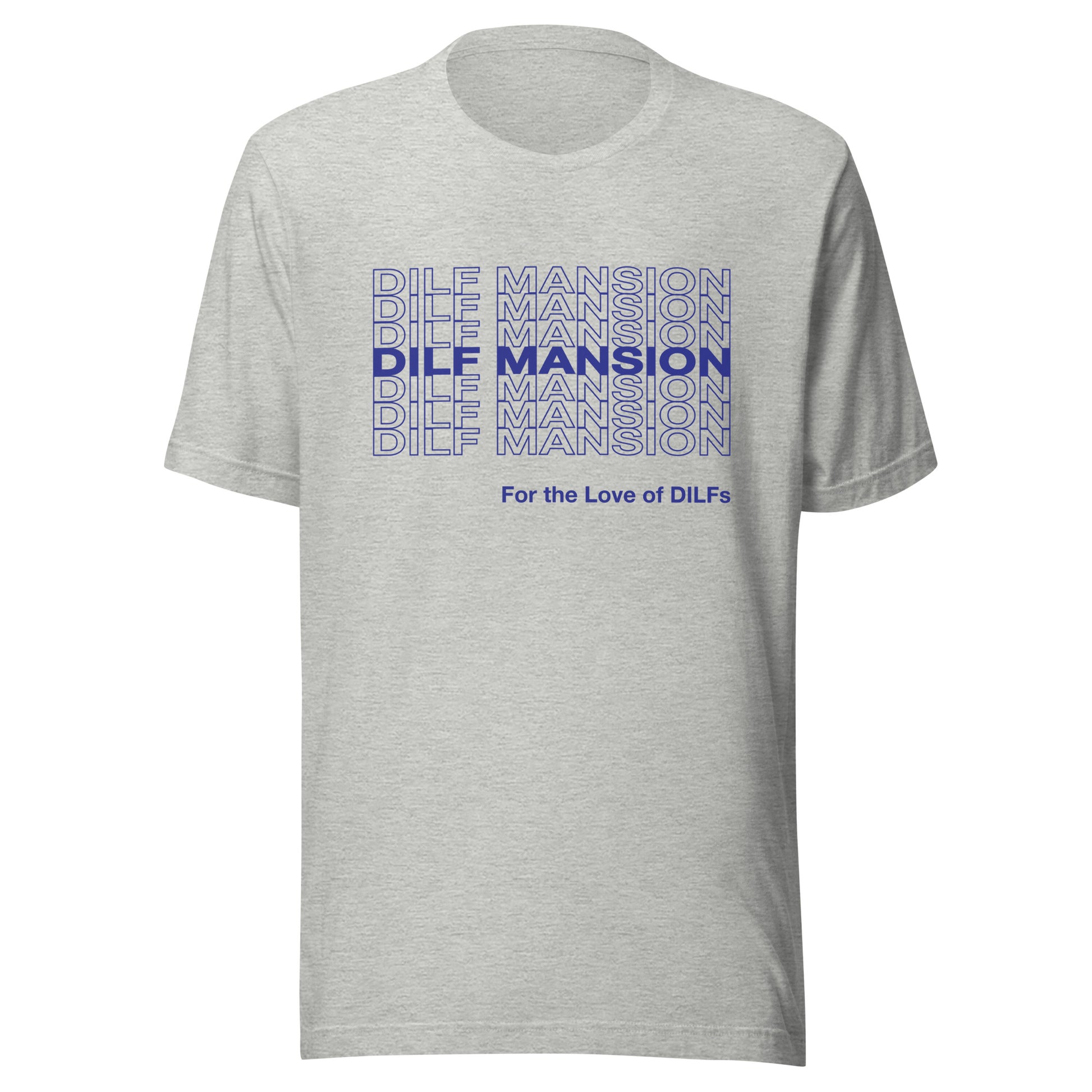 Athletic heather t-shirt with Dilf Mansion repeat graphic in blue.