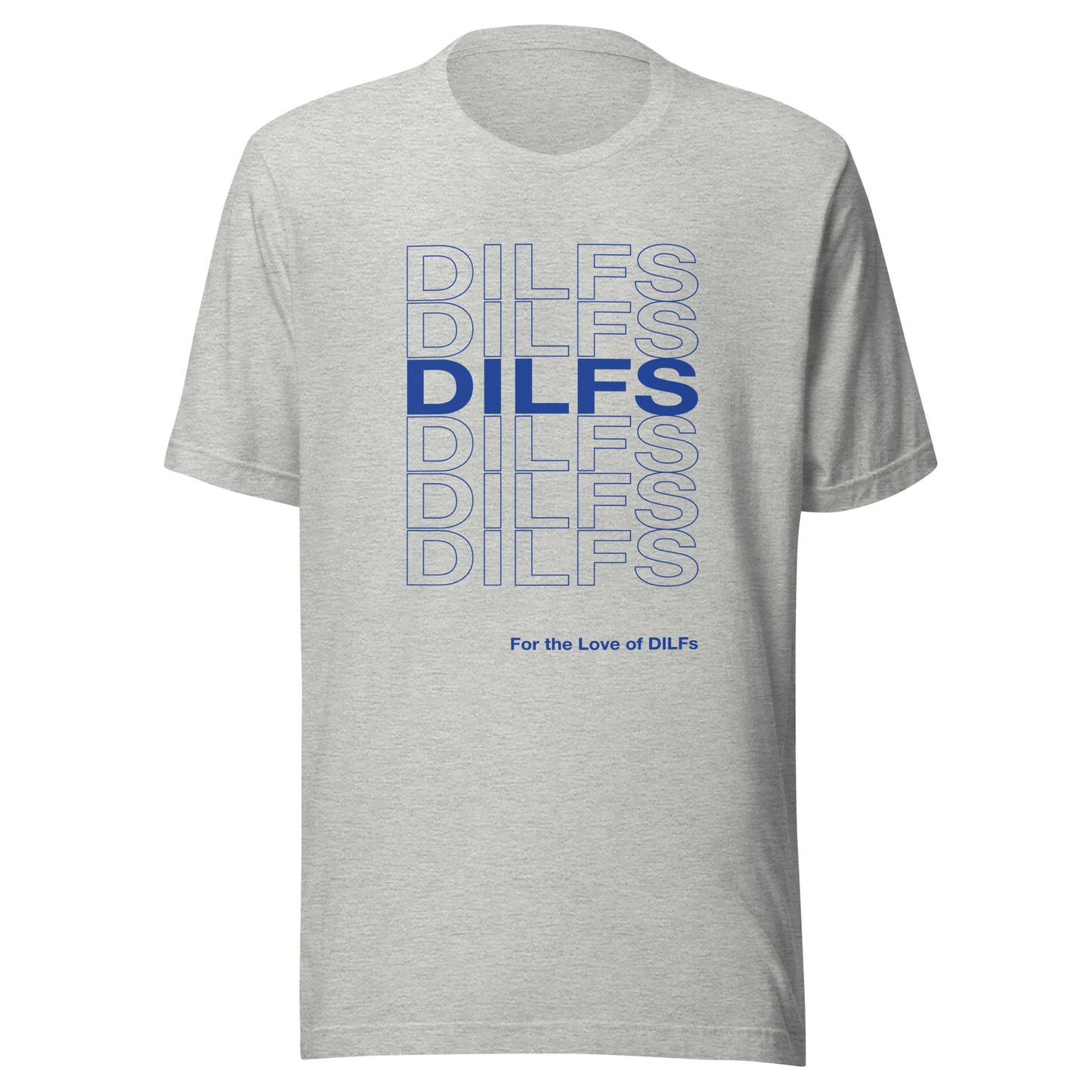 Athletic heather t-shirt with Dilfs repeat graphic in blue.