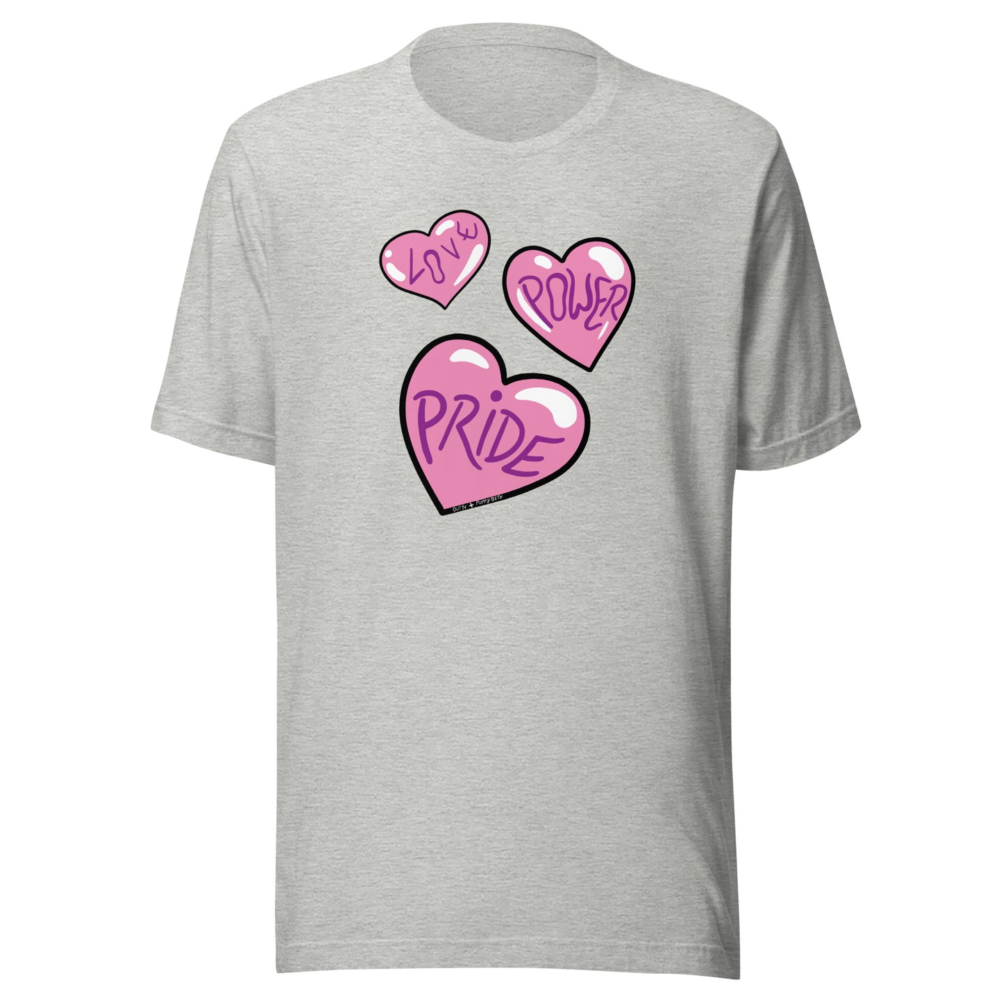 Athletic heather T-shirt, with 3 hearts.