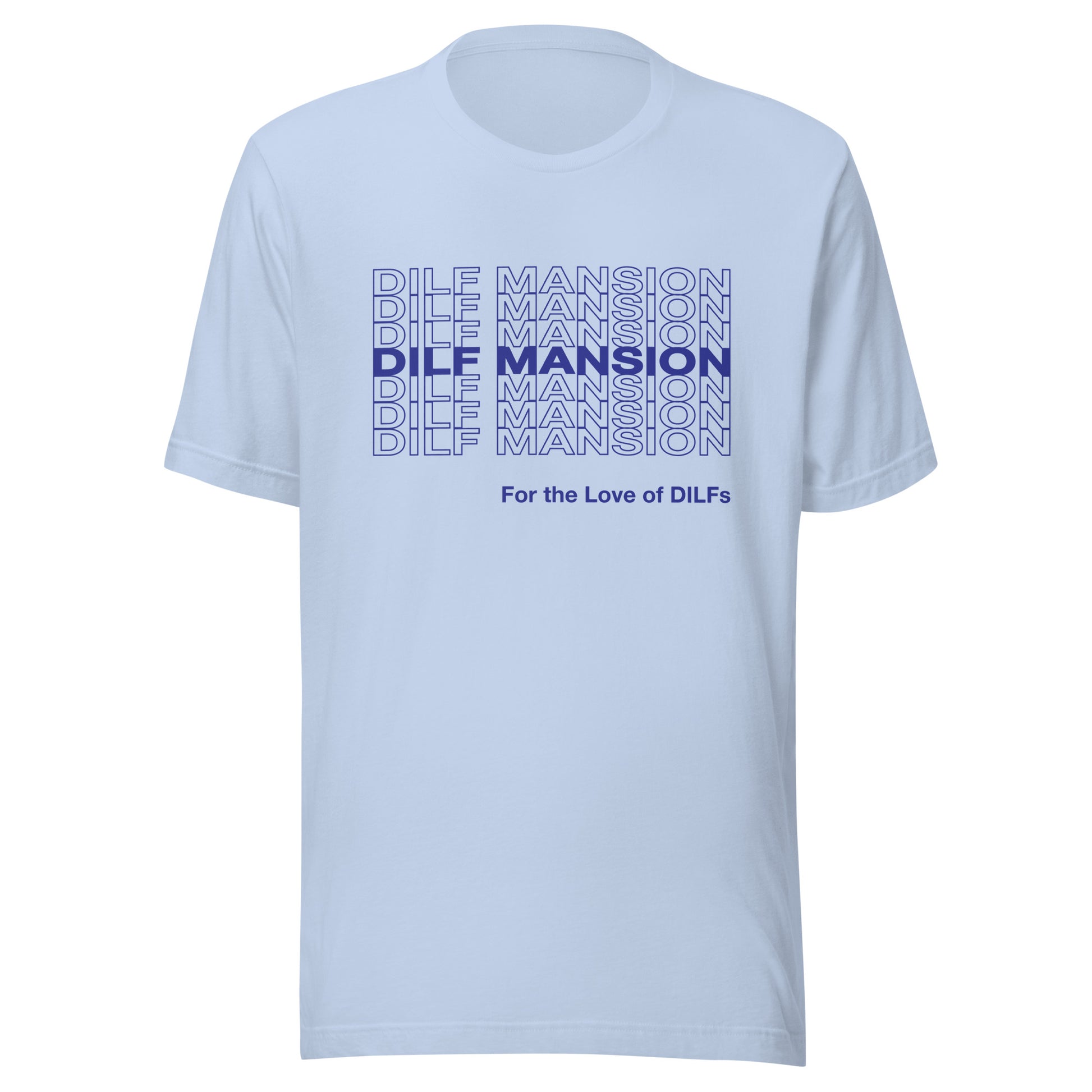 Baby blue t-shirt with Dilf Mansion repeat graphic in blue.