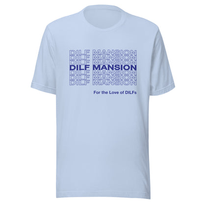 Baby blue t-shirt with Dilf Mansion repeat graphic in blue.