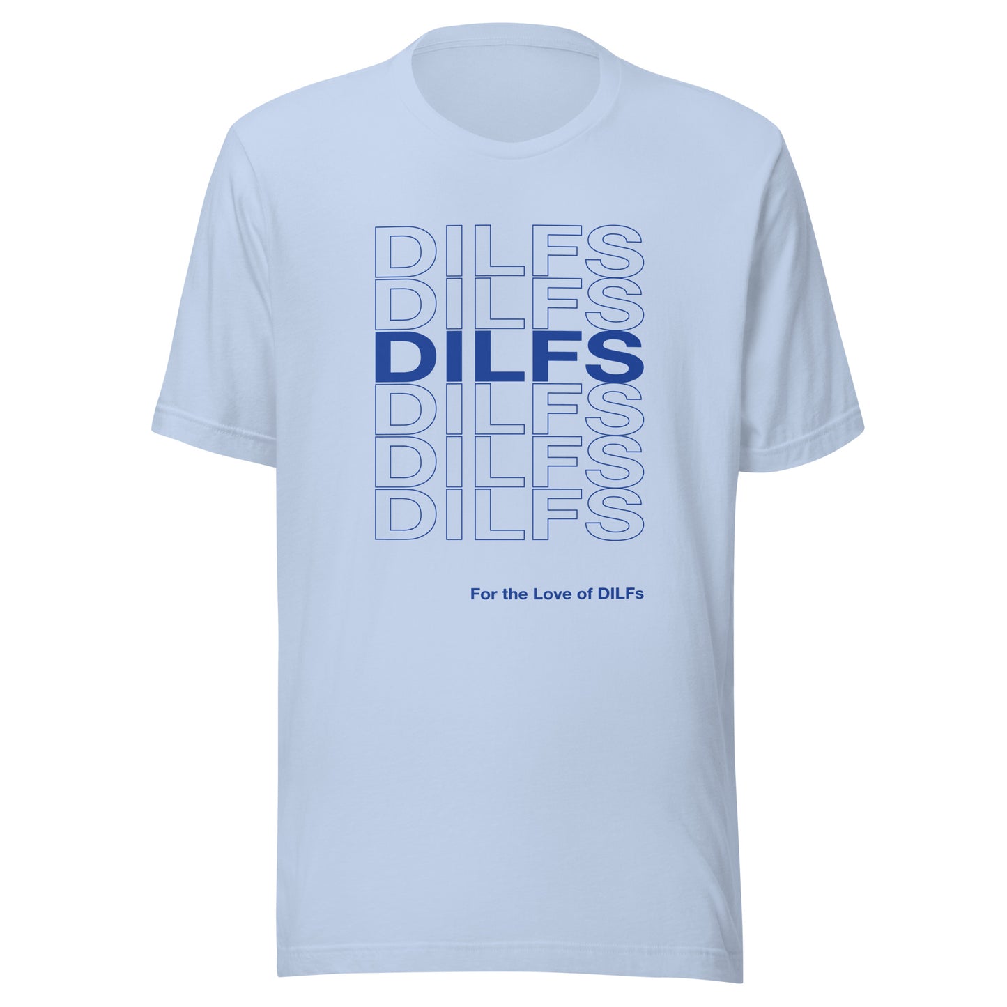Baby blue t-shirt with Dilfs repeat graphic in blue.