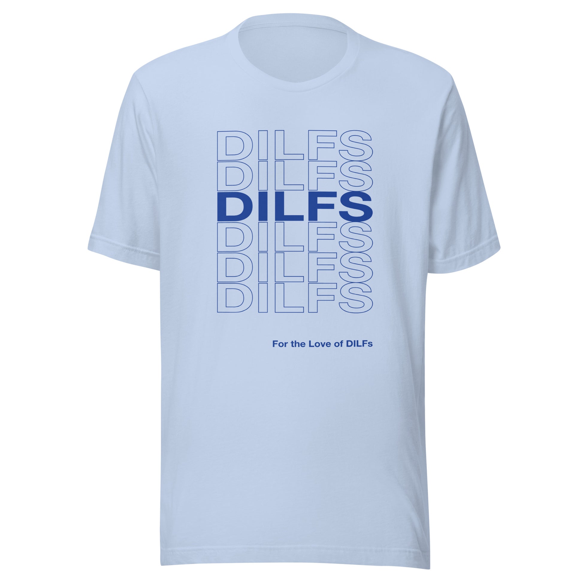 Baby blue t-shirt with Dilfs repeat graphic in blue.