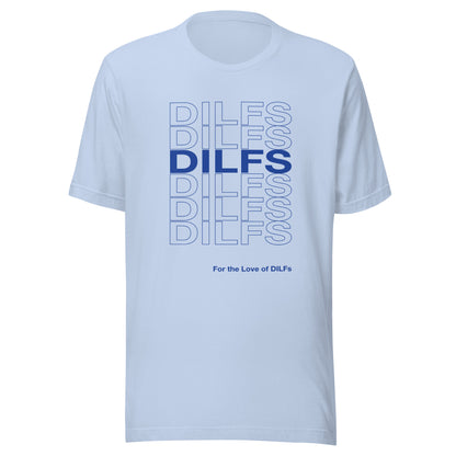 Baby blue t-shirt with Dilfs repeat graphic in blue.