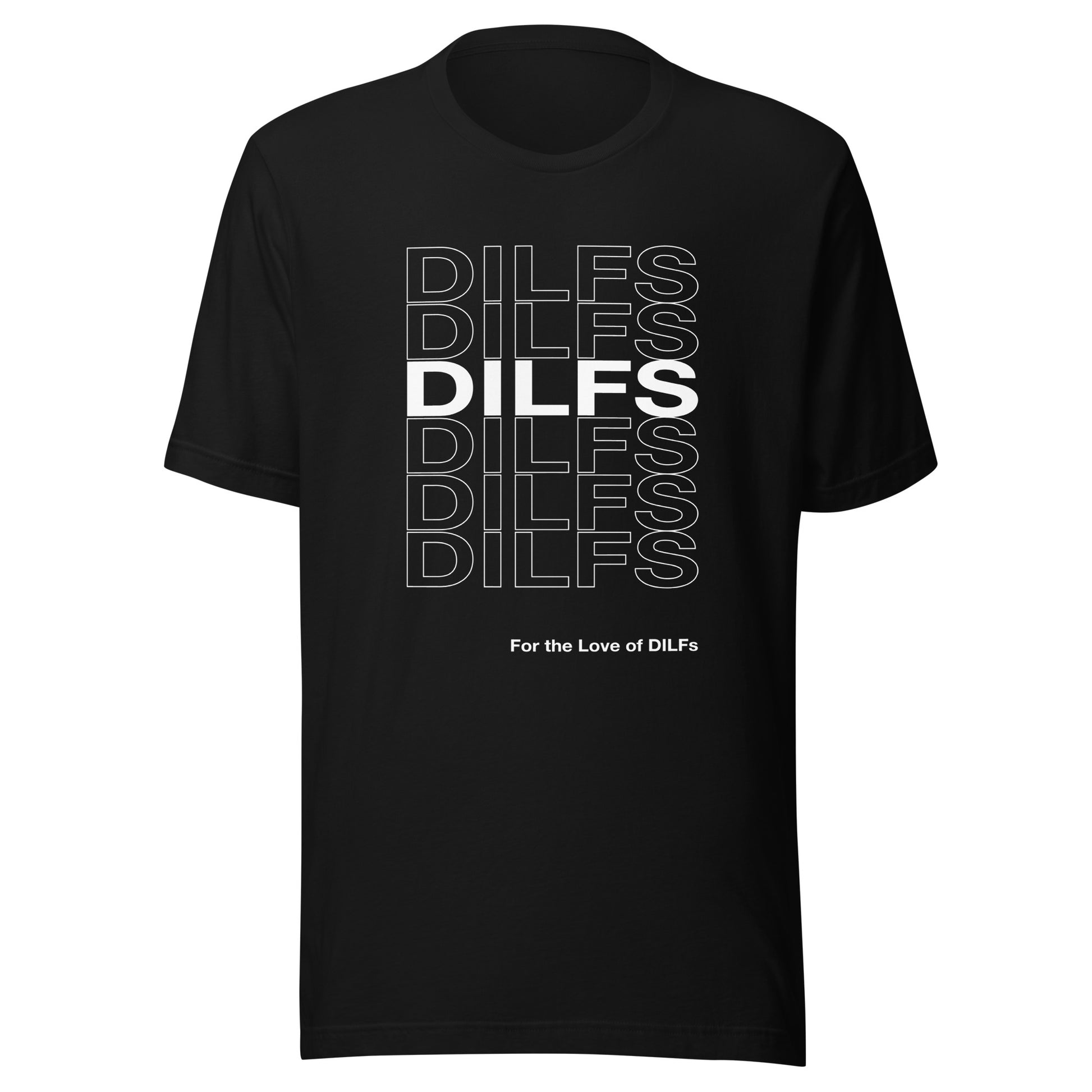 Black t-shirt with Dilfs repeat graphic in white.