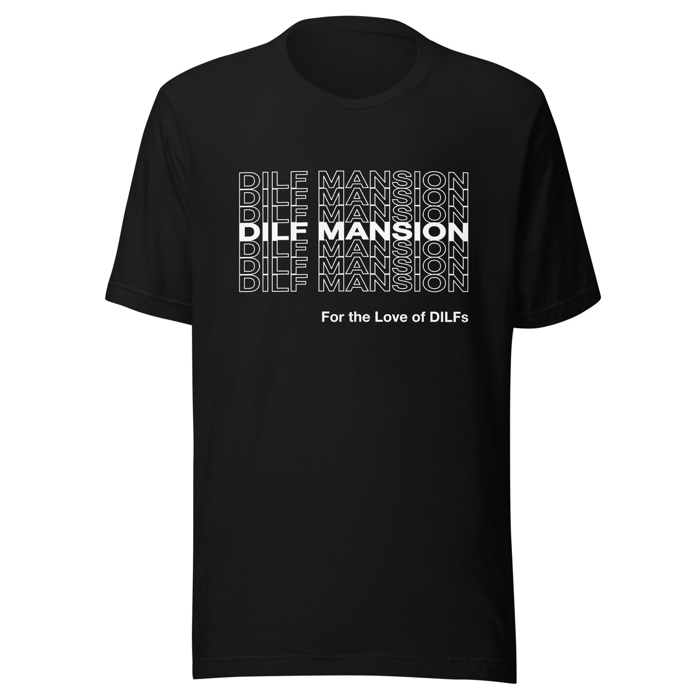 Black t-shirt with Dilf Mansion repeat graphic in white.