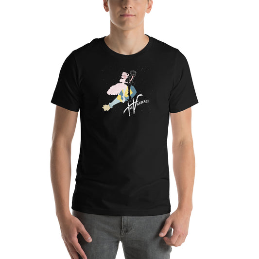Cartoon cutout of the Villbergs riding a popped champagne bottle. Includes The Villbergs wordmark, on black shirt.