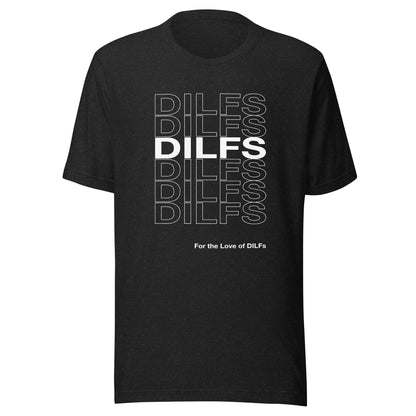 Black Heather t-shirt with Dilfs repeat graphic in white.