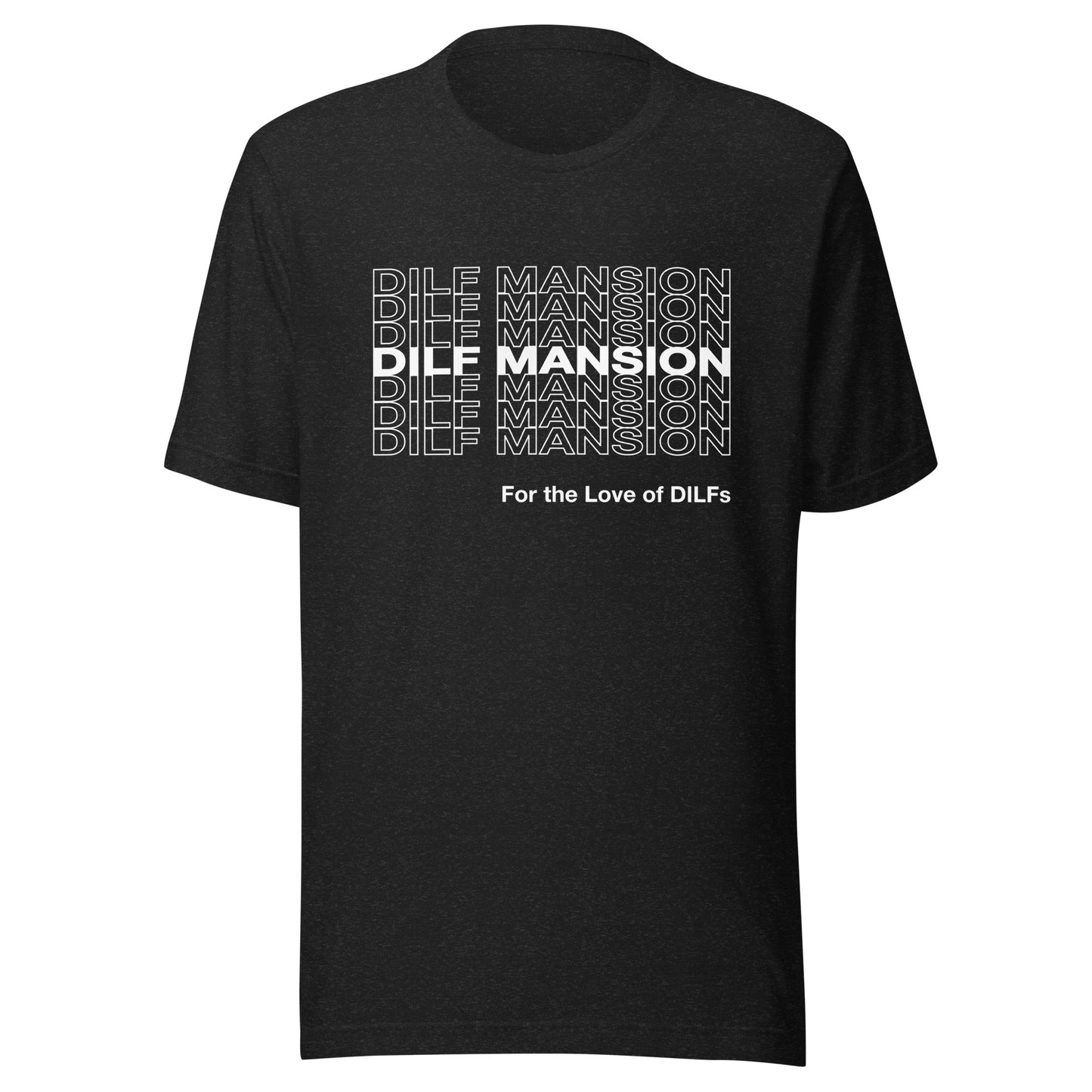 Black Heather t-shirt with Dilf Mansion repeat graphic in white.