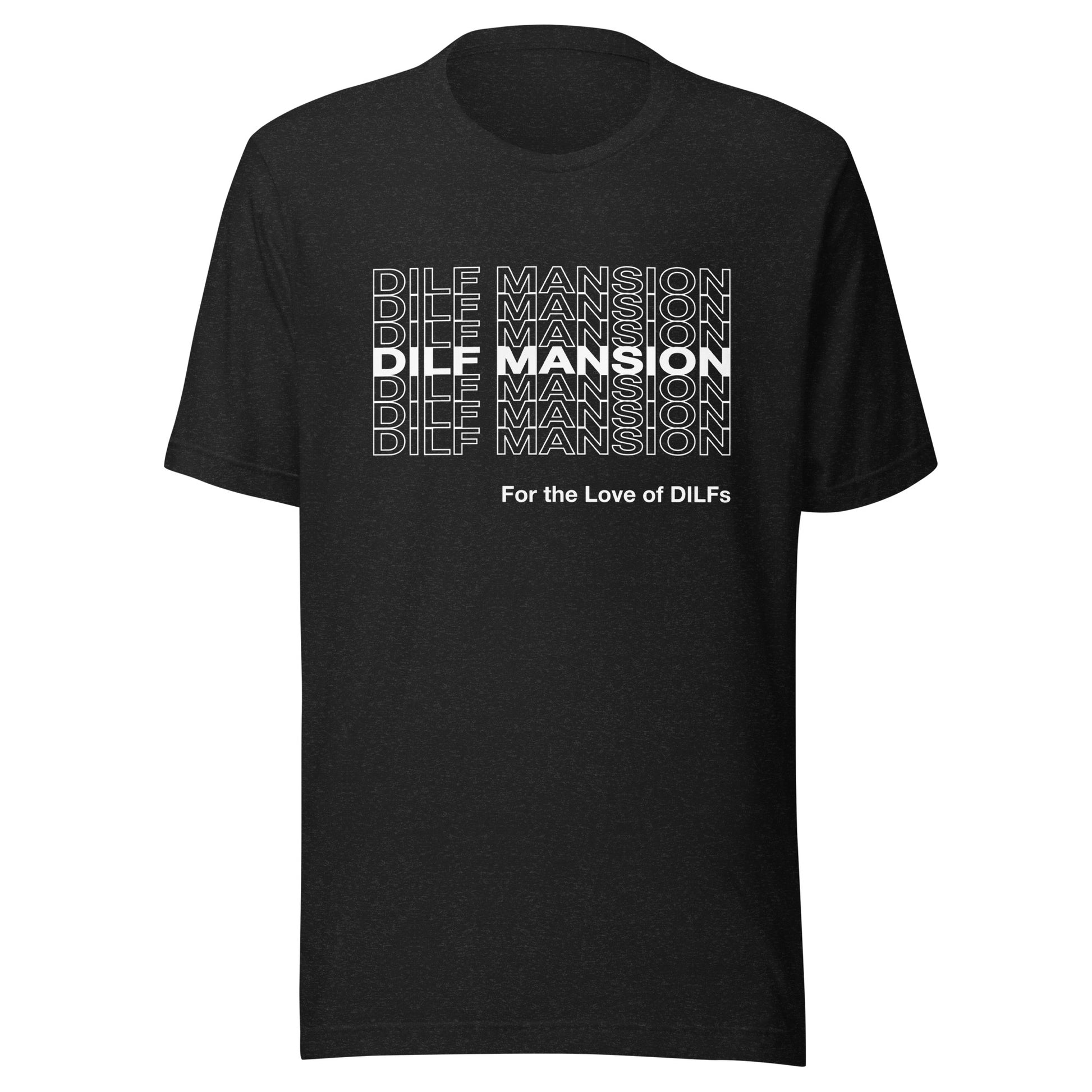Black Heather t-shirt with Dilf Mansion repeat graphic in white.