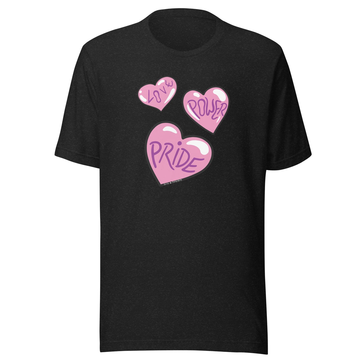 Black heather top, with Love, Power and Pride hearts.