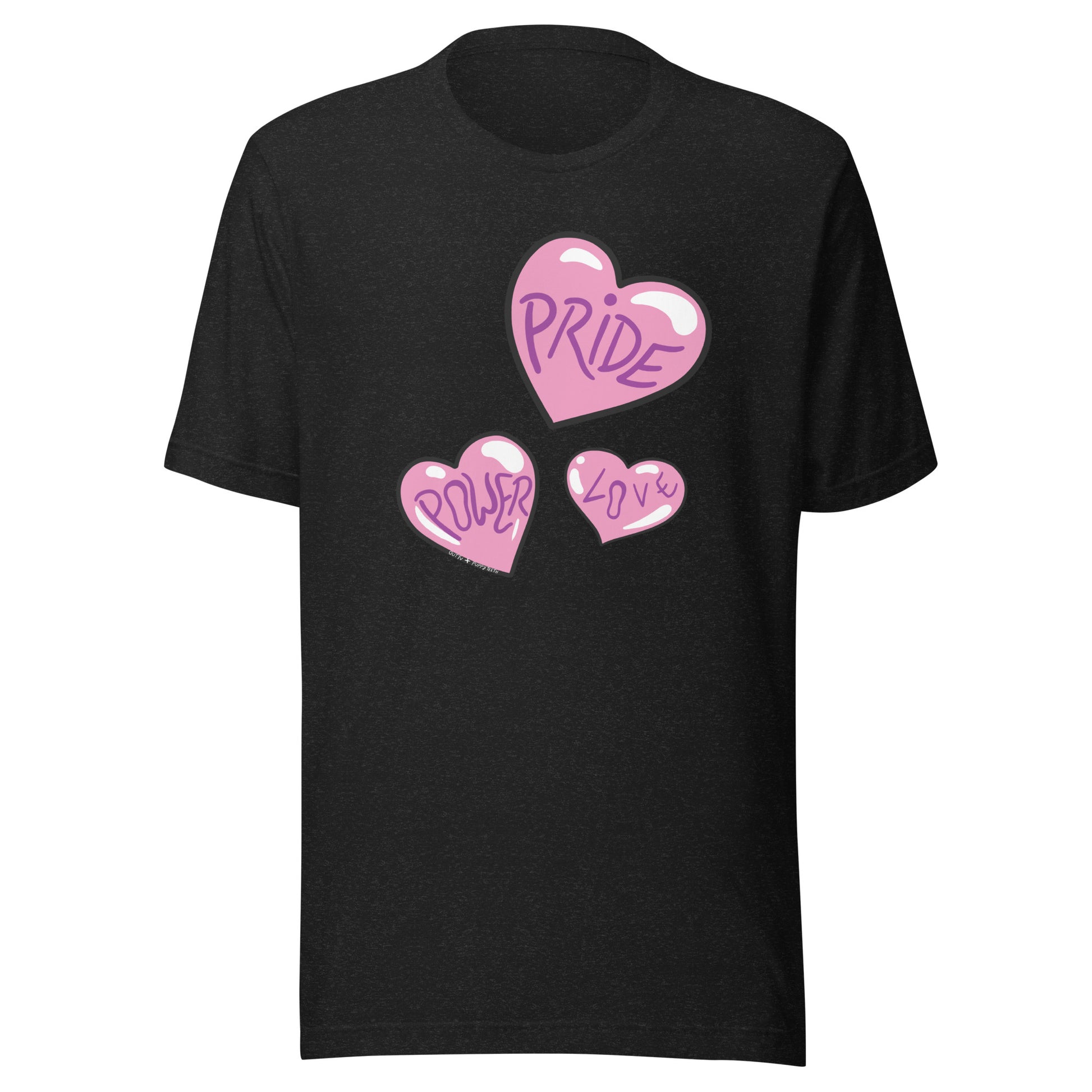 Black heather top, with Pride, Power and Love hearts.