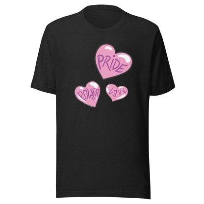 Black heather top, with Pride, Power and Love hearts.