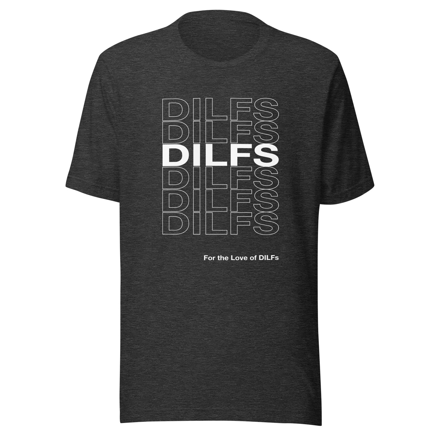 Dark grey heather t-shirt with Dilfs repeat graphic in white.