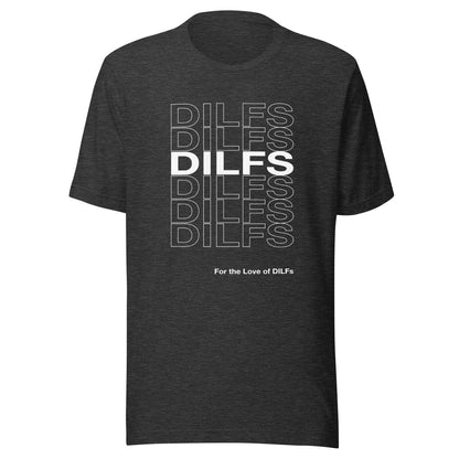 Dark grey heather t-shirt with Dilfs repeat graphic in white.