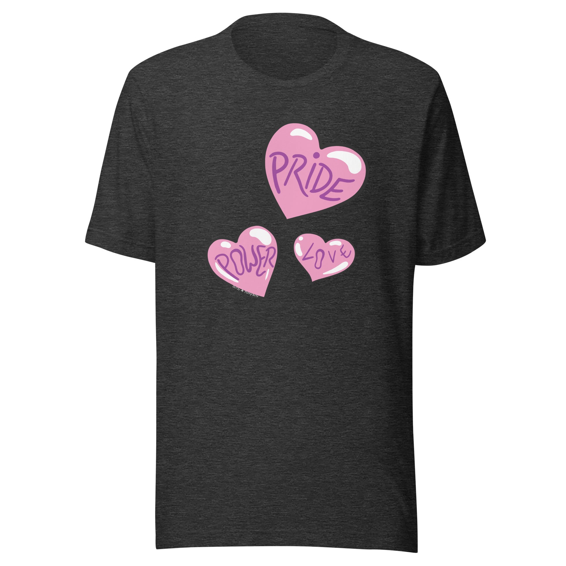 Dark grey heather tee, with 3 hearts.
