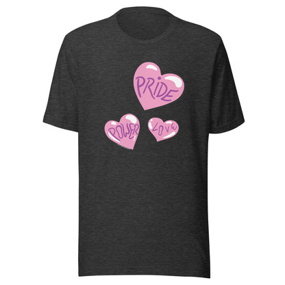 Dark grey heather tee, with 3 hearts.