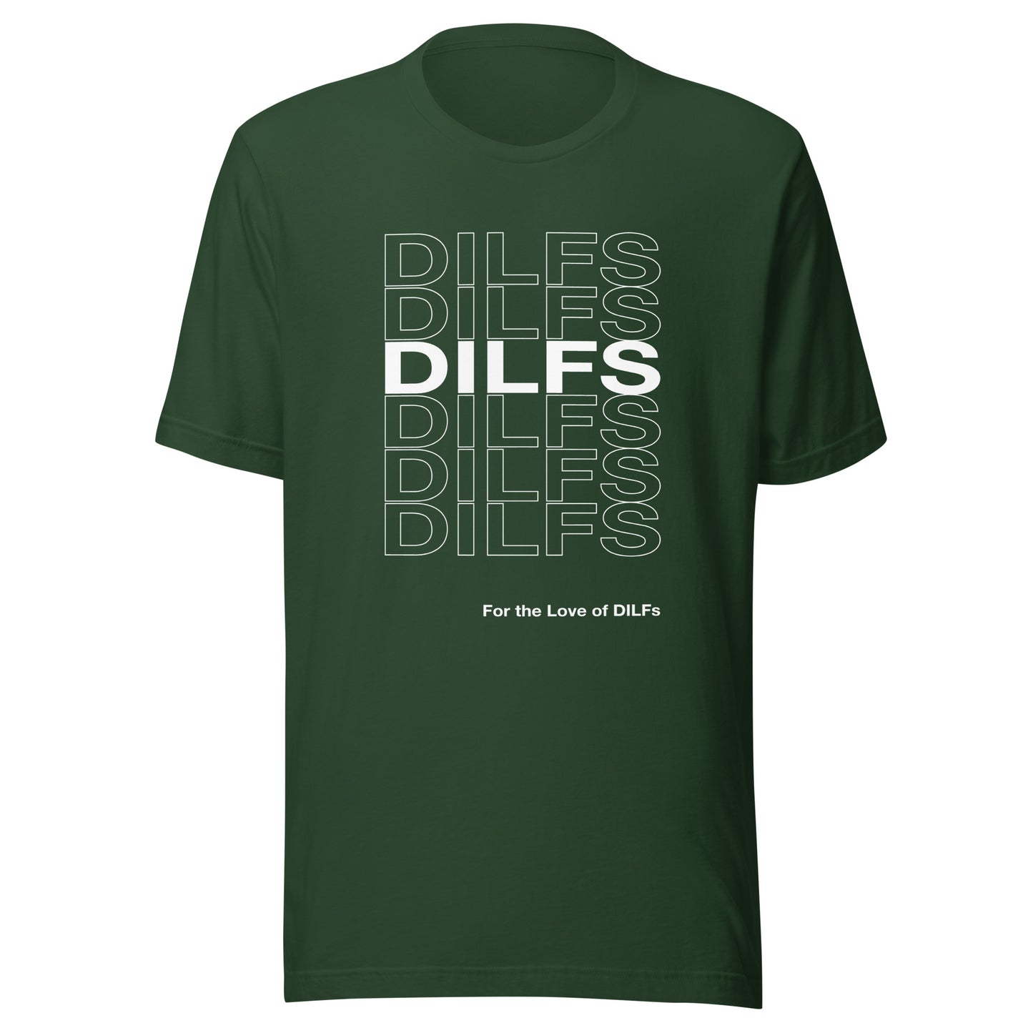 Forest green t-shirt with Dilfs repeat graphic in white.