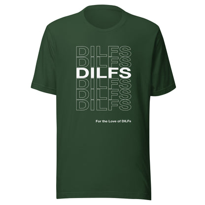 Forest green t-shirt with Dilfs repeat graphic in white.