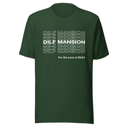 Forest green t-shirt with Dilf Mansion repeat graphic in white.