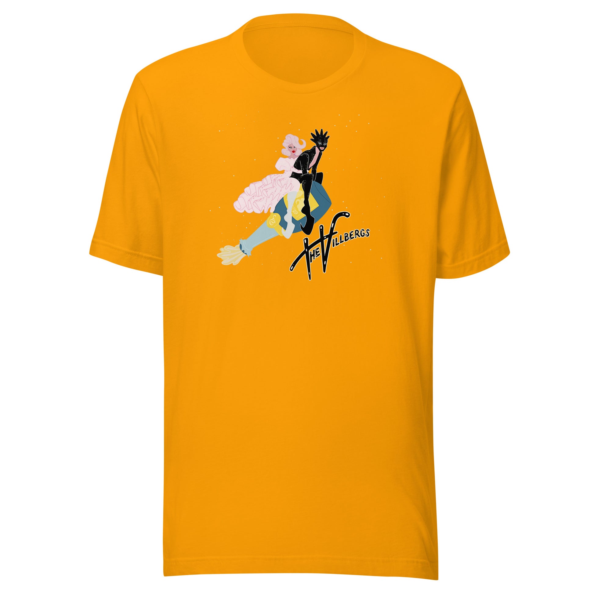 Gold yellow T-shirt with graphic.
