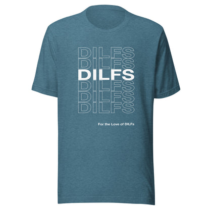 Heather deep teal t-shirt with Dilfs repeat graphic in white.