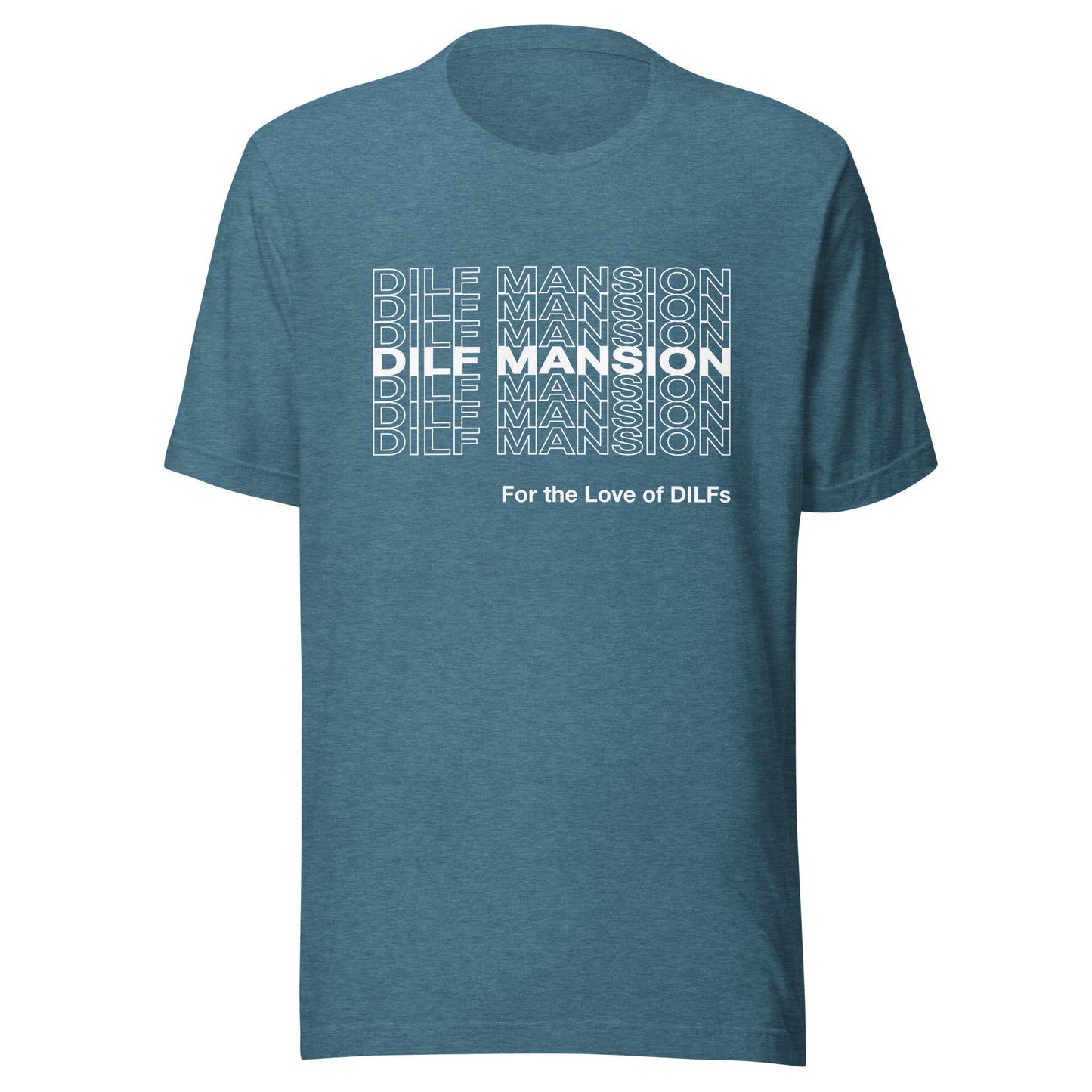 Heather deep teal t-shirt with Dilf Mansion repeat graphic in white.